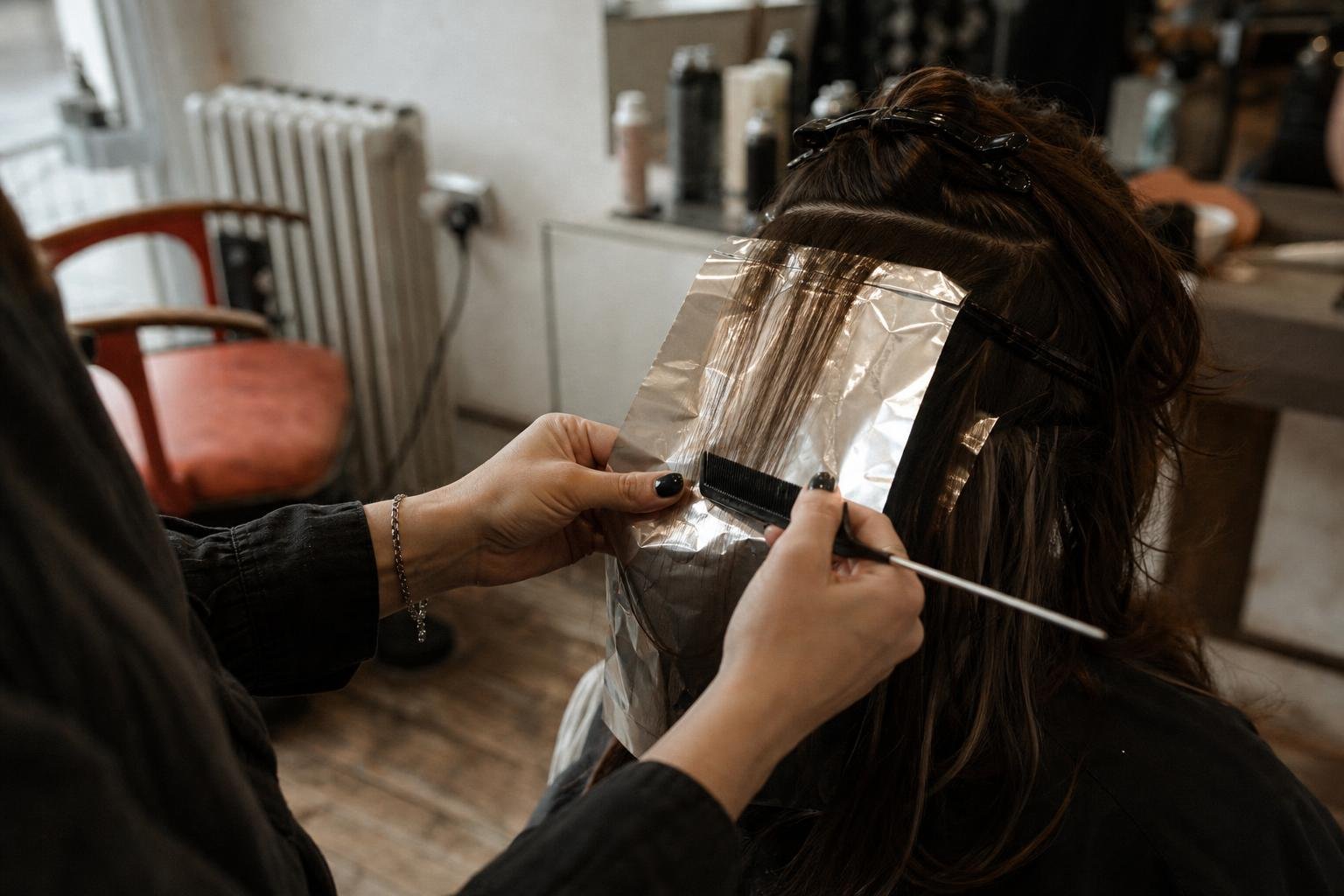A stylist's hands folding a foil into a client's sectioned hair at the chair in a small British salon