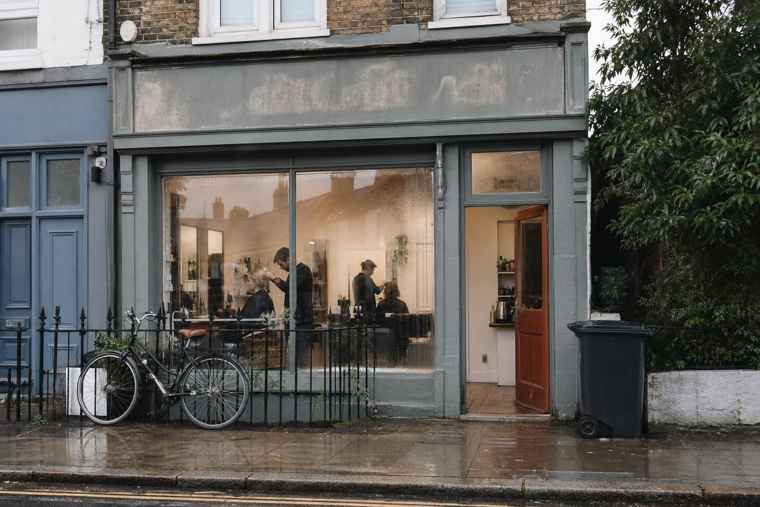 A small independent salon shopfront on a wet British high street in the morning, lights on and two stylists at work inside