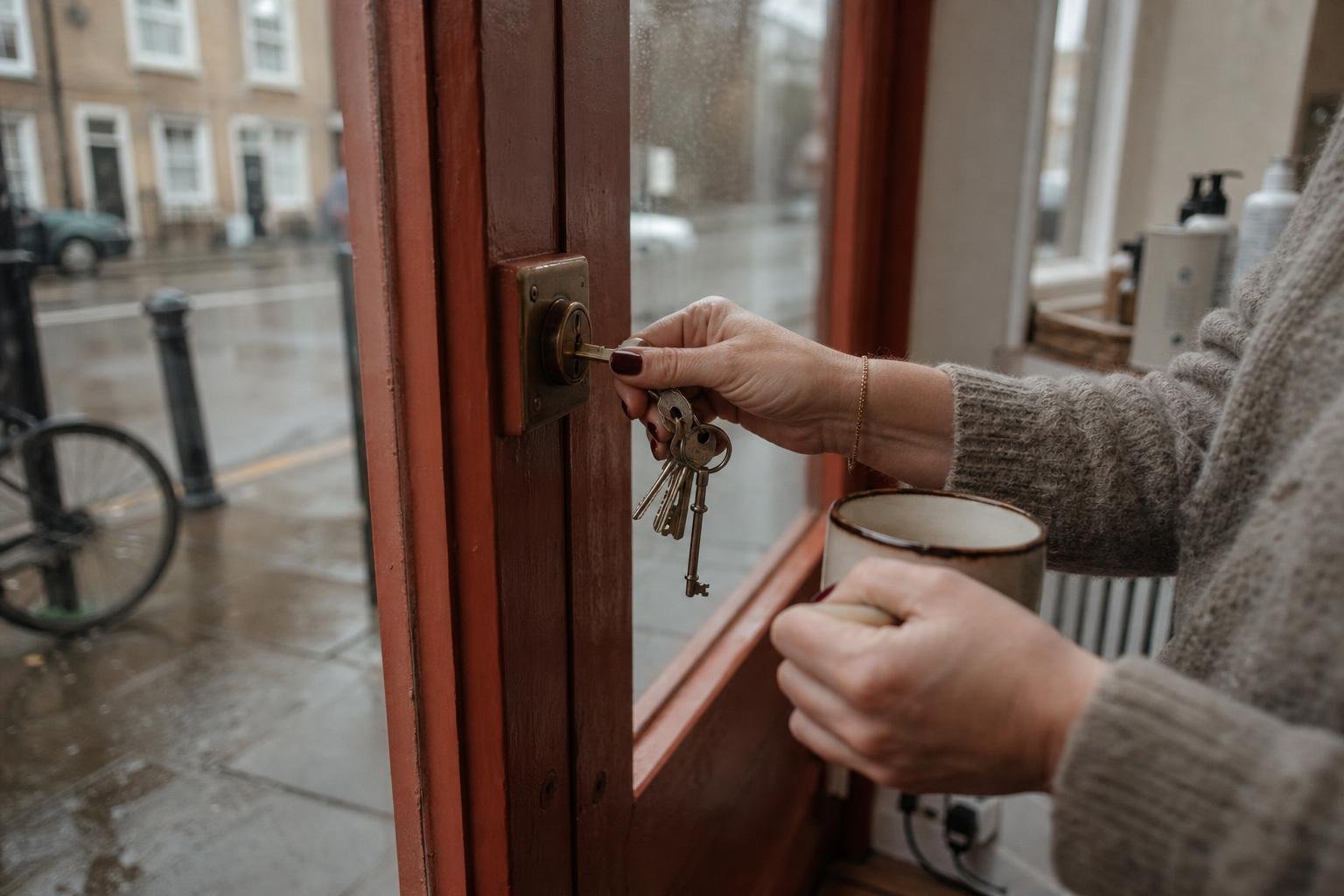 A hand turning the keys in the front door of a small British salon in the morning, a mug in her other hand