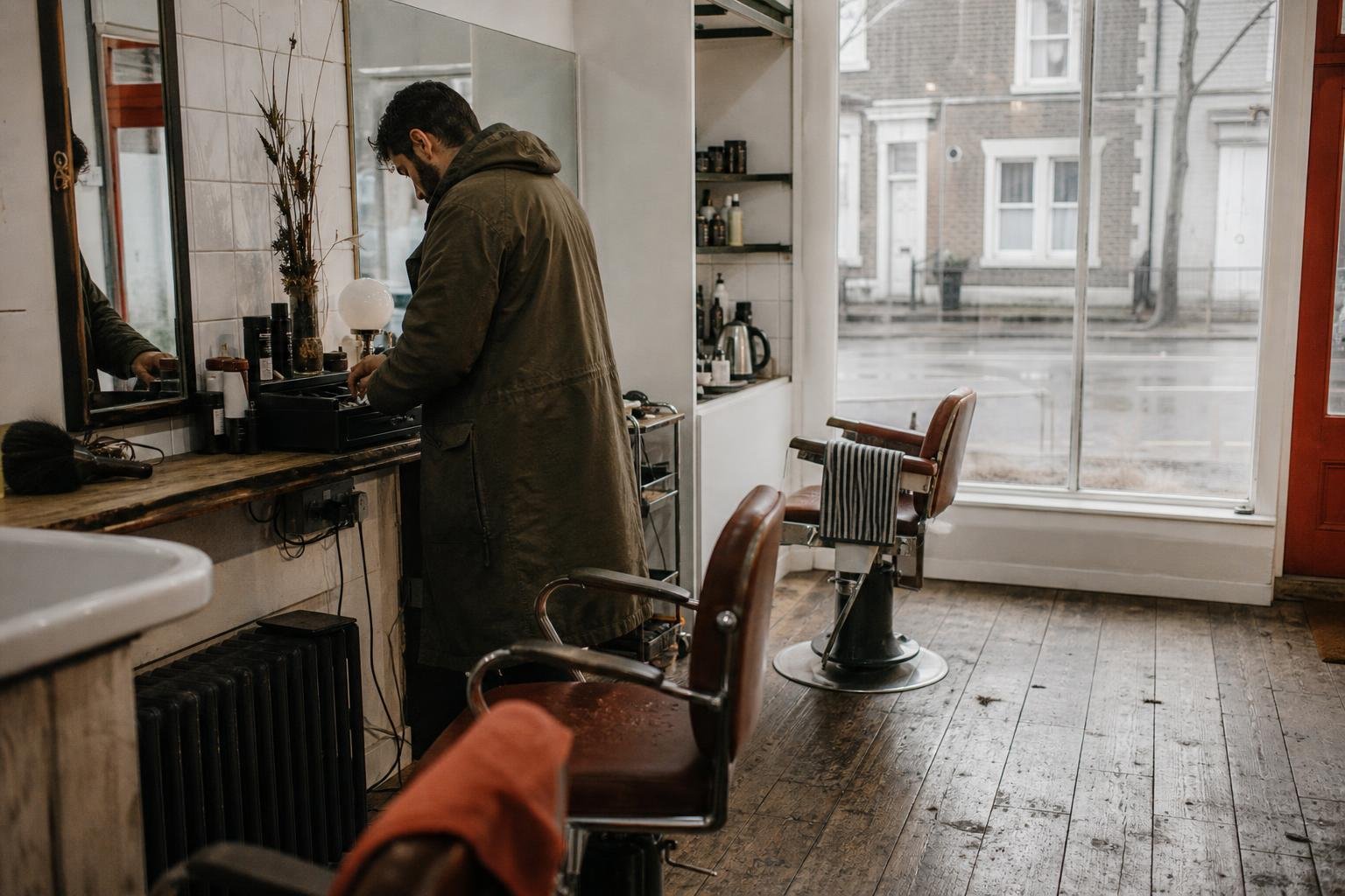 A barbershop at half eight in the morning, chairs still down and the coat not off yet