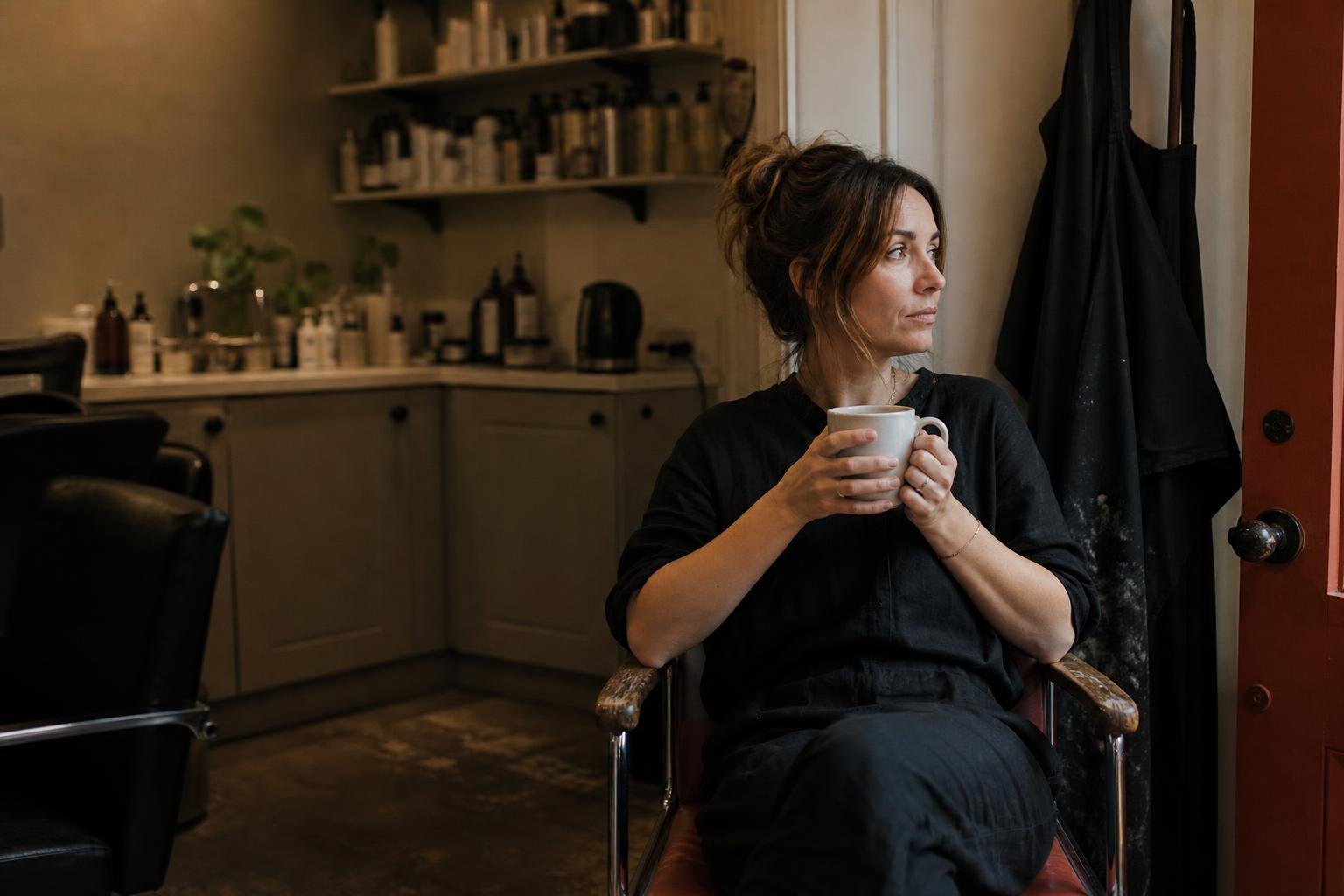 A salon owner sat with a mug in the back of her shop, weighing up whether a marketing qualification is worth it