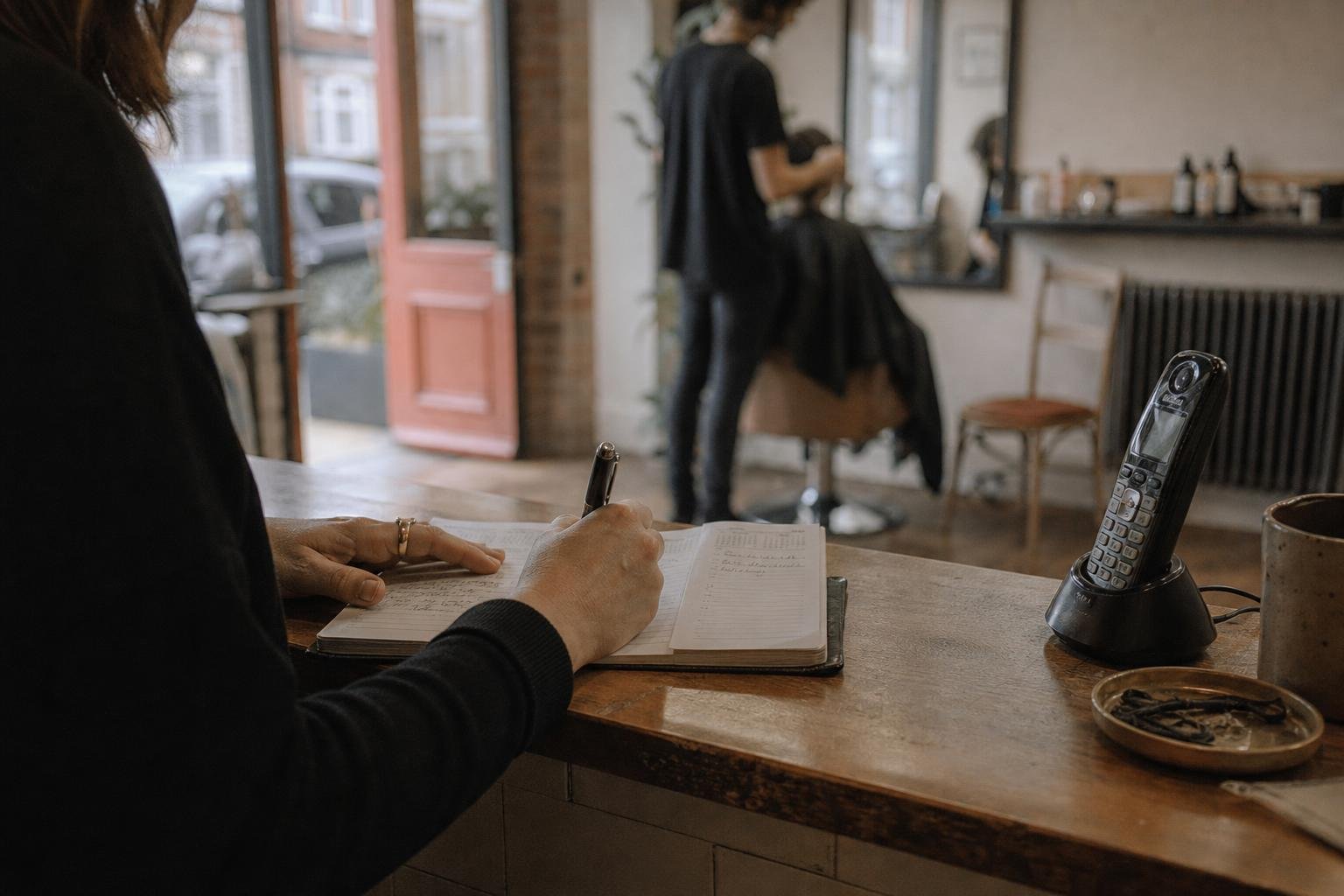 A hand writing an appointment into a paper diary beside the salon phone, taking your own bookings after leaving Treatwell