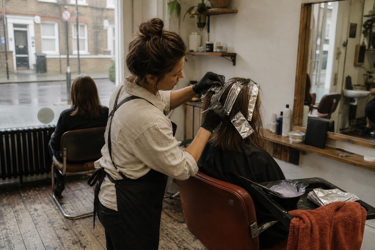 A stylist foiling a client's mid-lengths in a small British salon, the colour clients a Google Ads budget should be buying