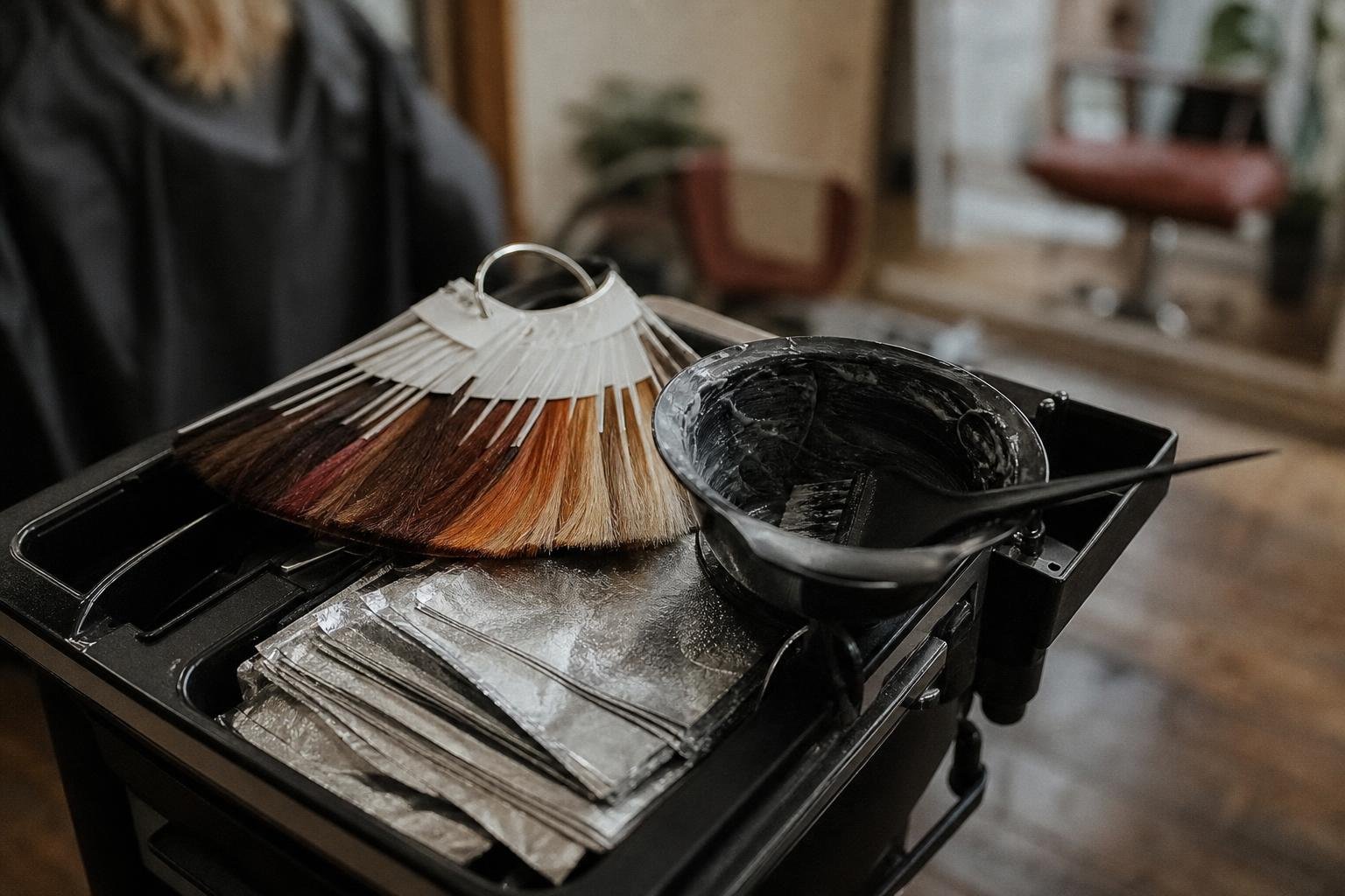 A colour swatch ring and tint bowl on a salon trolley, the work more colour clients actually book