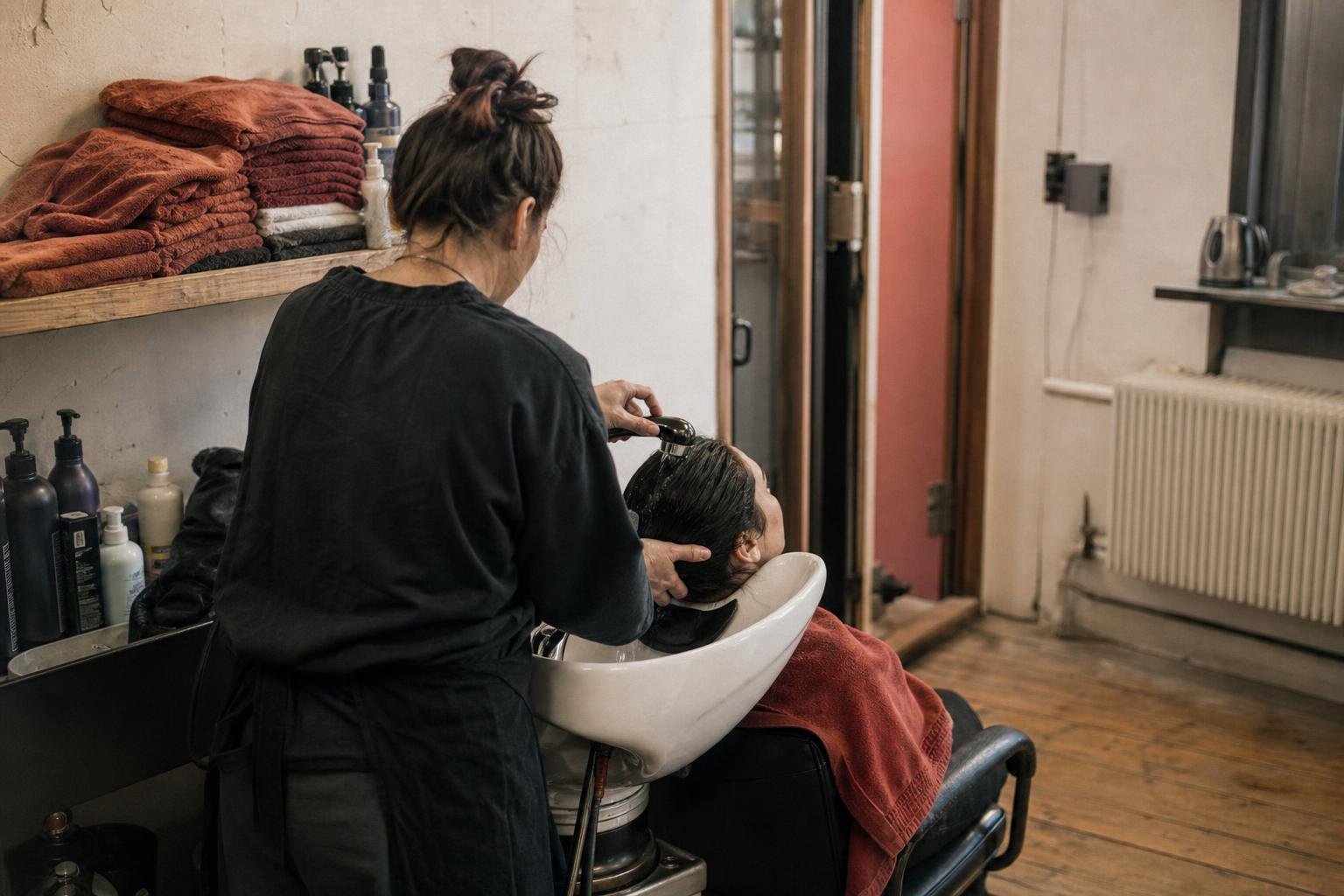 A stylist rinsing colour out at the backwash, the appointment more colour clients are worth