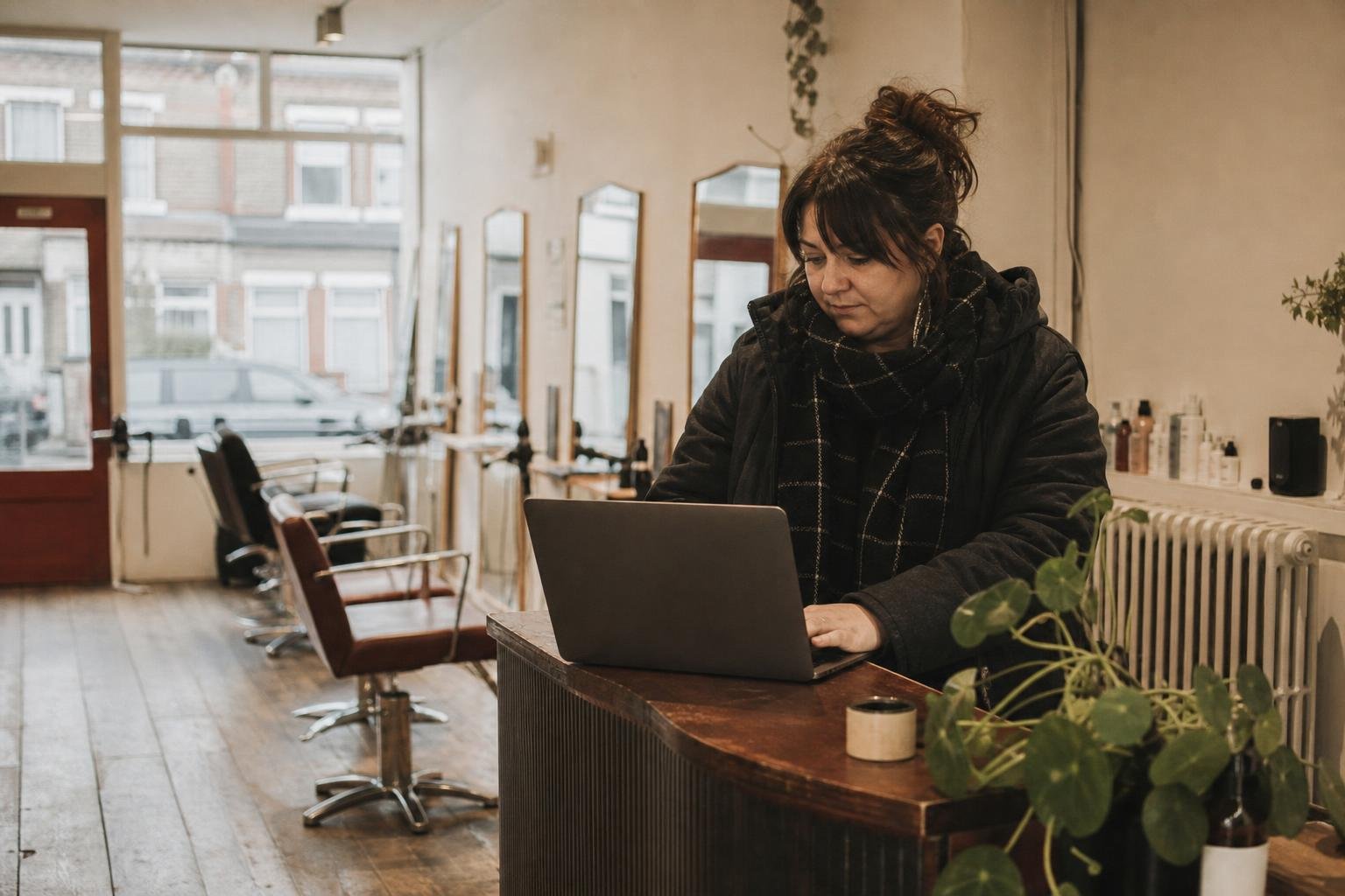 A salon owner at her reception counter before opening, working out how to move off a Google Smart Campaign