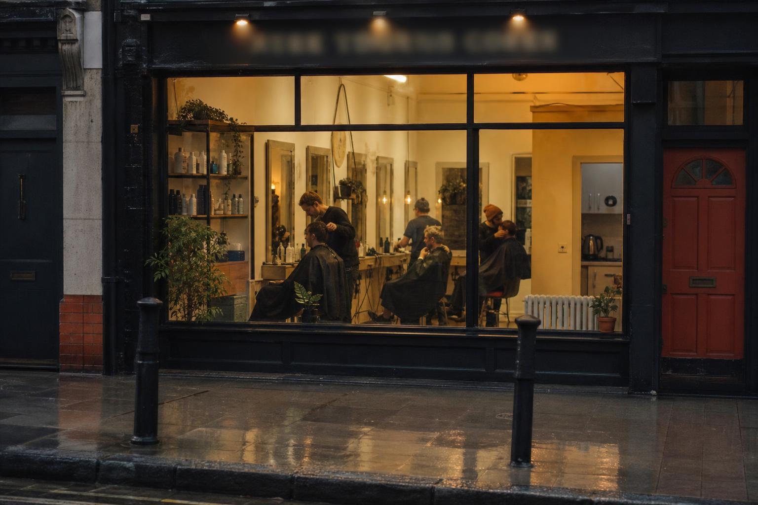 An independent salon lit up across a wet pavement at dusk, found through the listing a Google Smart Campaign sits beside