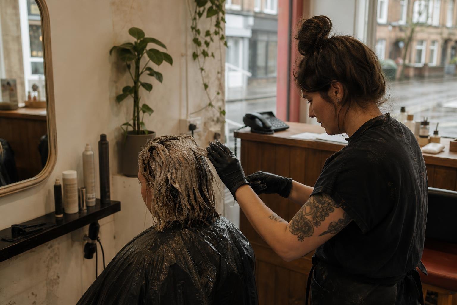 A stylist mid colour with the salon phone sitting unanswered on the counter behind her, where missed calls begin