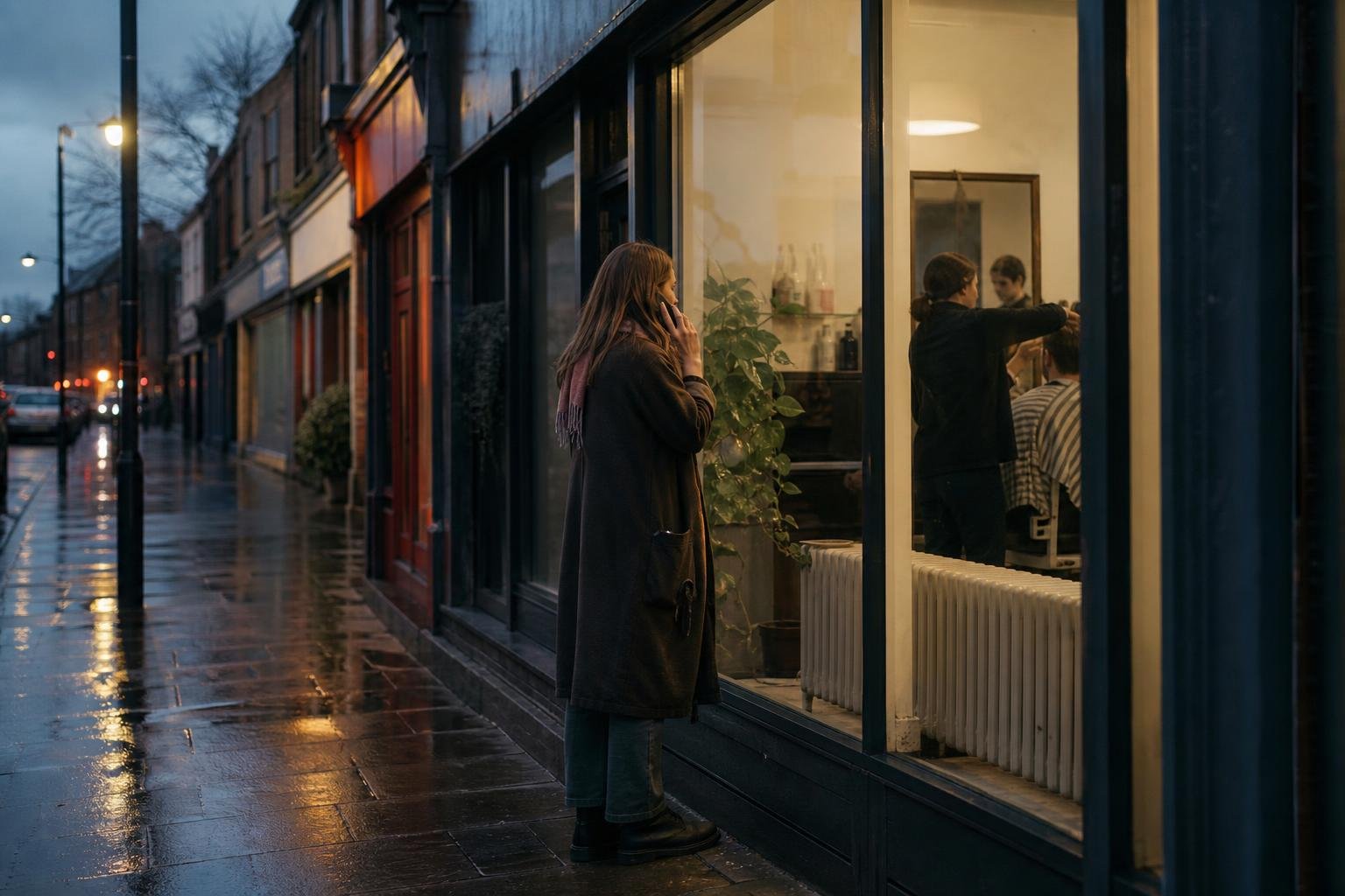 A woman on her phone outside a lit salon window at dusk on a wet high street