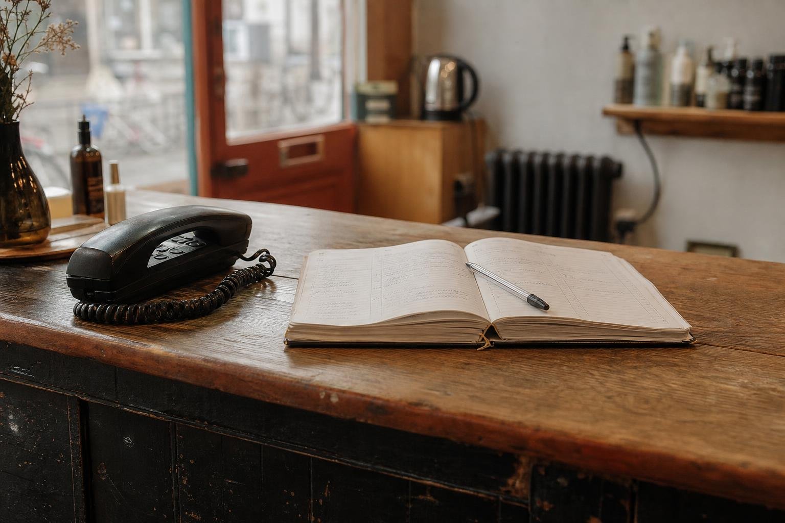 A telephone handset and an open paper appointment book on an empty salon reception counter