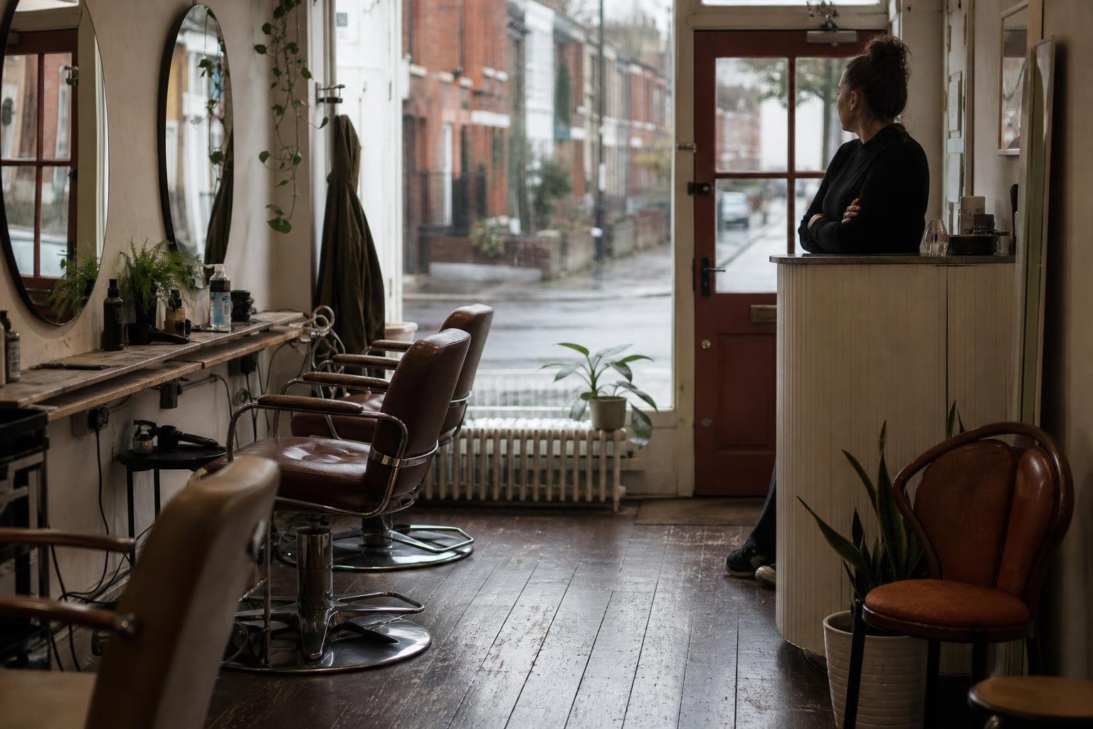 A quiet independent salon with empty chairs and the owner watching the wet street, when salon Google Ads stop working