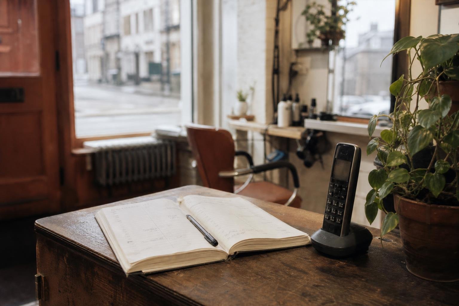 The salon phone back in its cradle beside an open appointment book, where salon Google Ads enquiries get lost