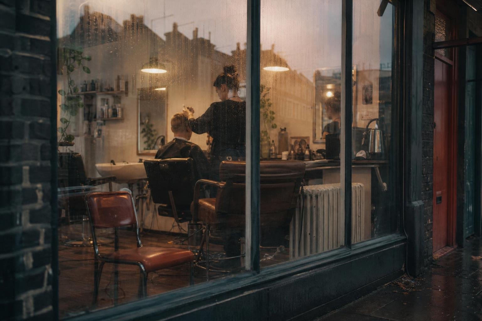 A rain-streaked salon window at dusk with one client in the chair, the kind of quiet week no salon Google Ads setting explains