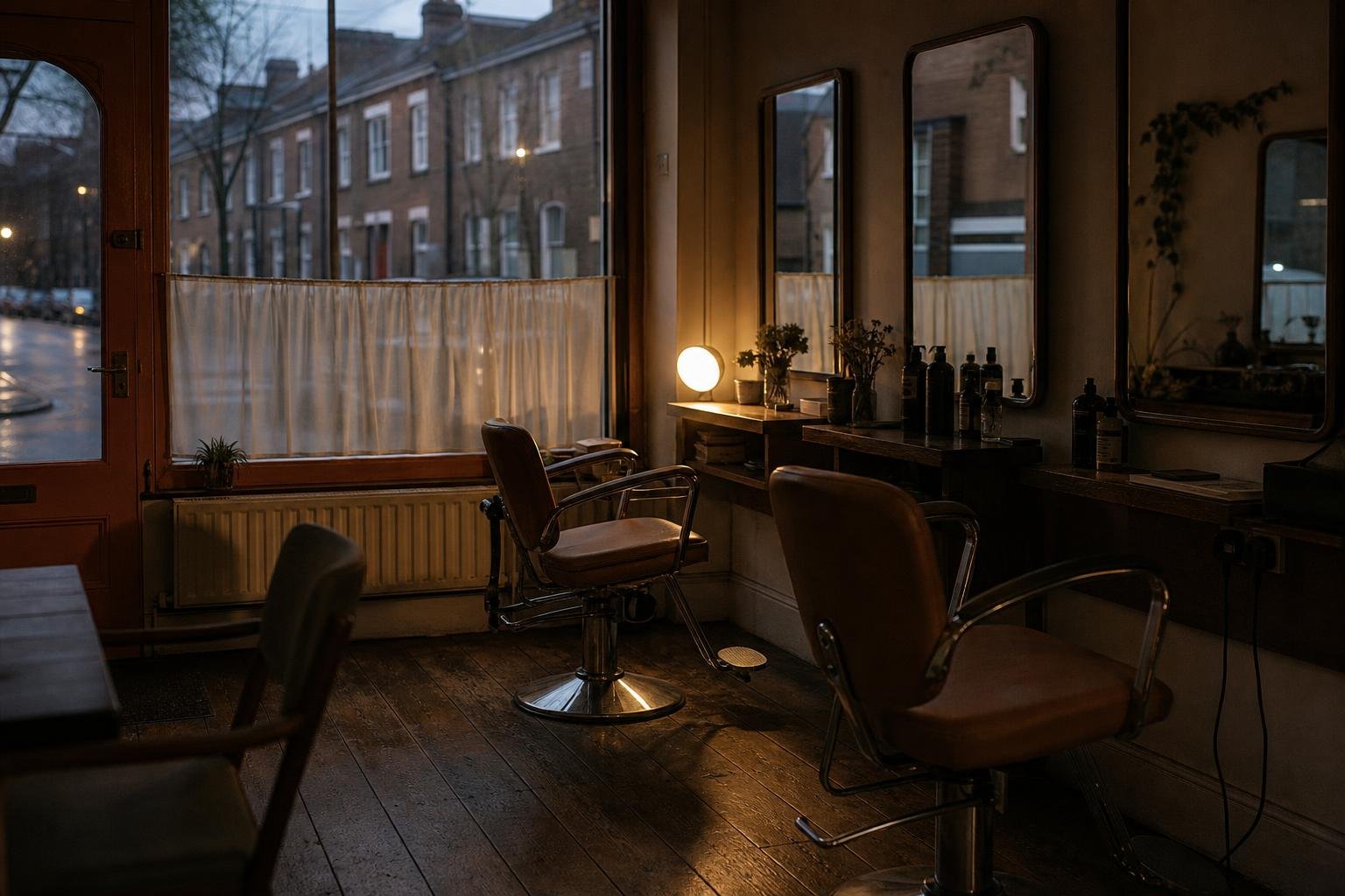 Empty chairs in a closed British salon at dusk, the hours when your salon's Google Ads are still running