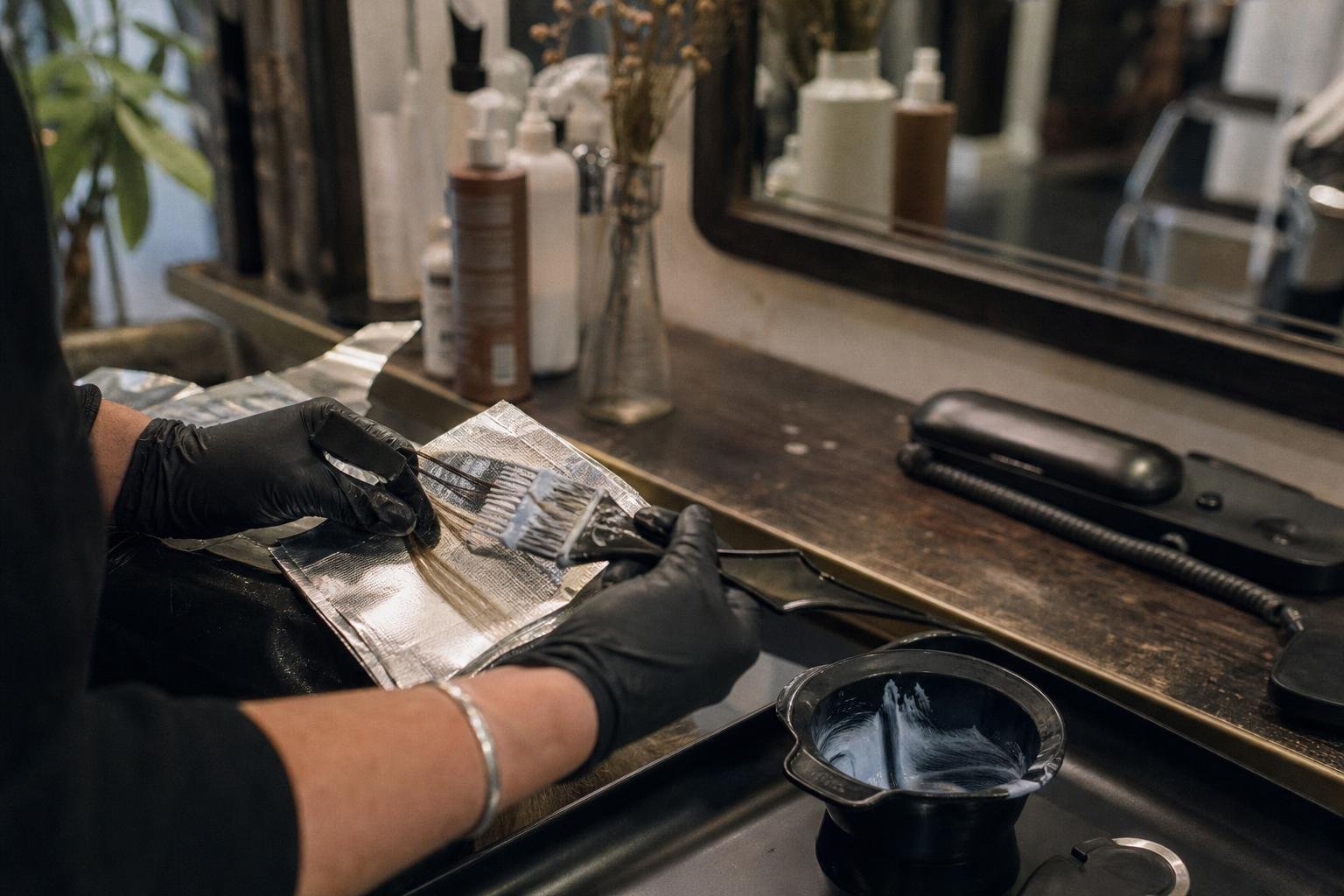A stylist's gloved hands mid colour with the salon phone out of reach, the hours salon ads run but nobody can answer