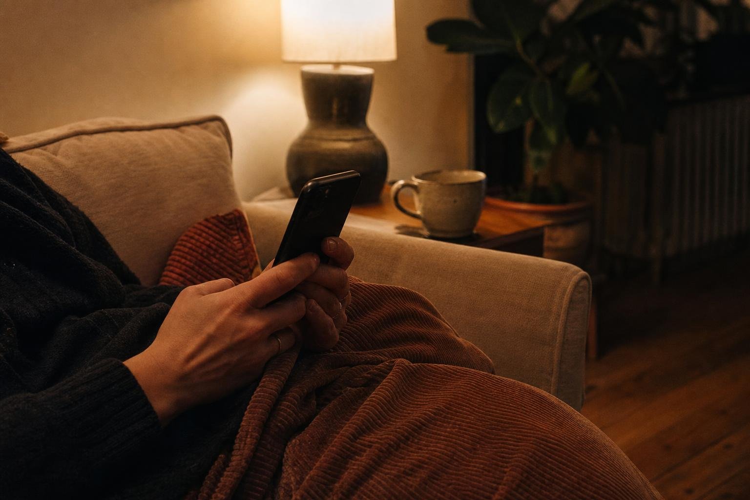 A client on the sofa late at night with her phone, the hours a salon's Google Ads reach her