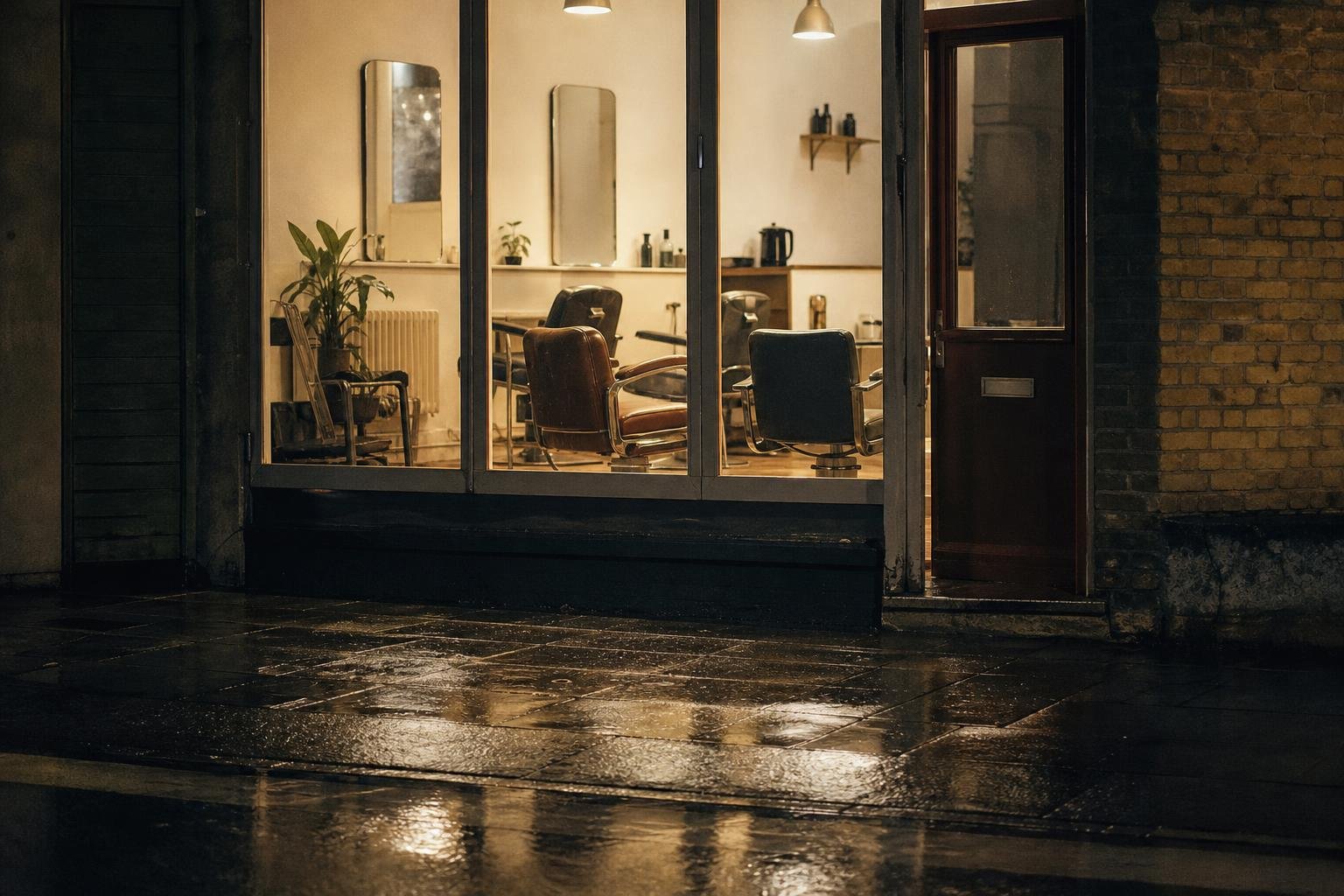 A lit salon window on a wet British street after closing, when salon ads are still showing