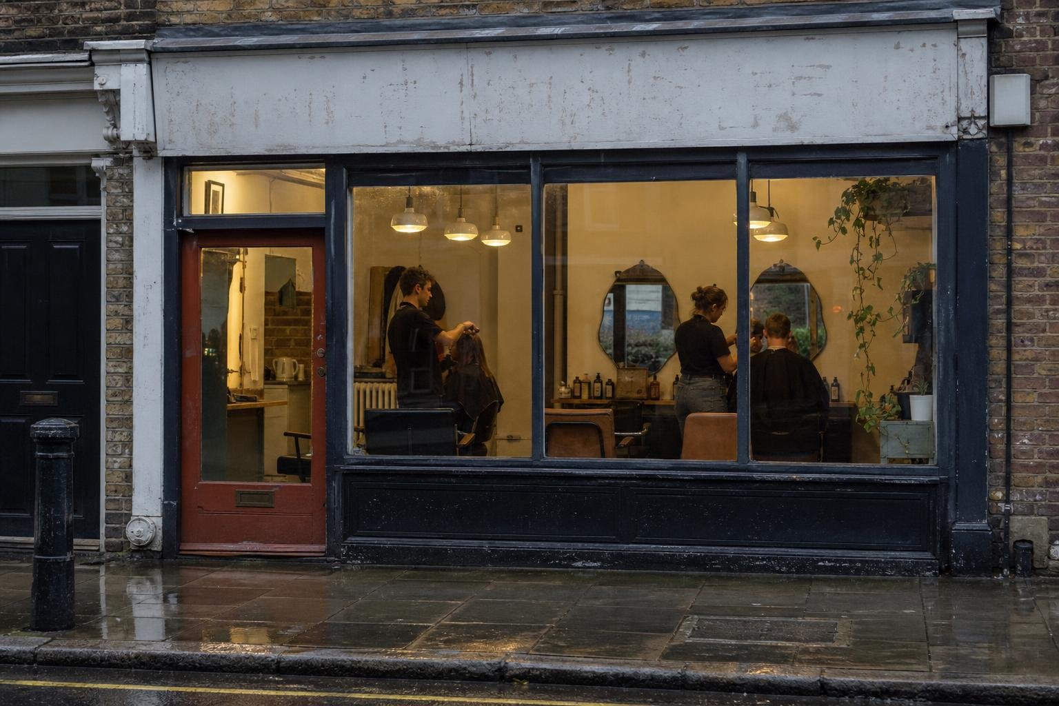 A lit independent salon behind a rainy window, the kind of shop that is working but not showing up on Google Maps