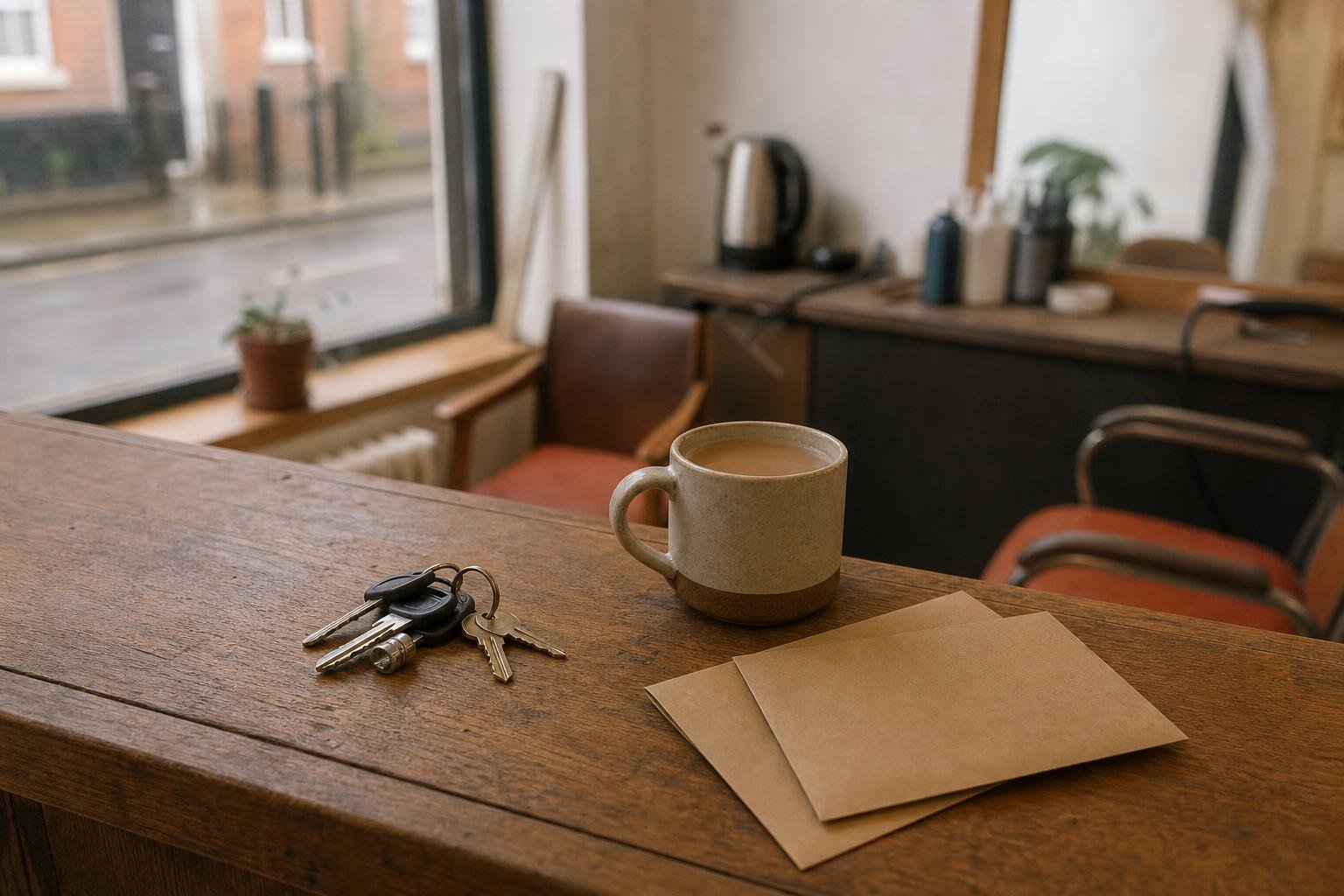 Keys, tea and unopened post on a salon counter, where the postcard code that fixes a salon missing from Google Maps lands