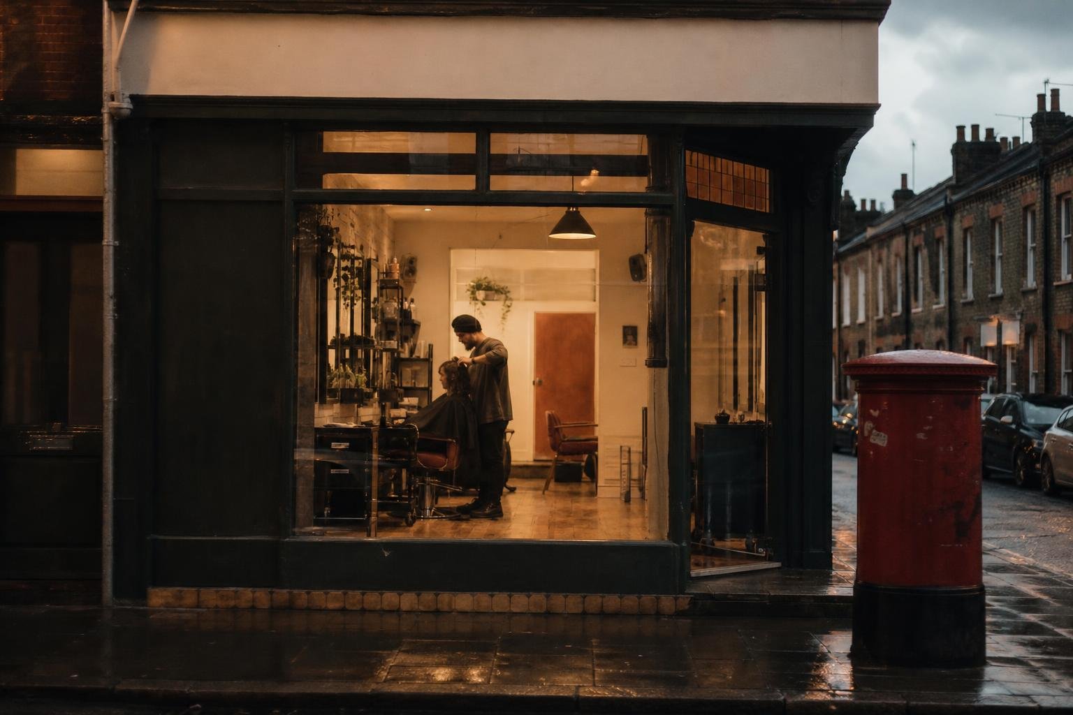 A small salon lit up on a wet British street at dusk, a stylist at work, the kind of business deciding about the VAT threshold