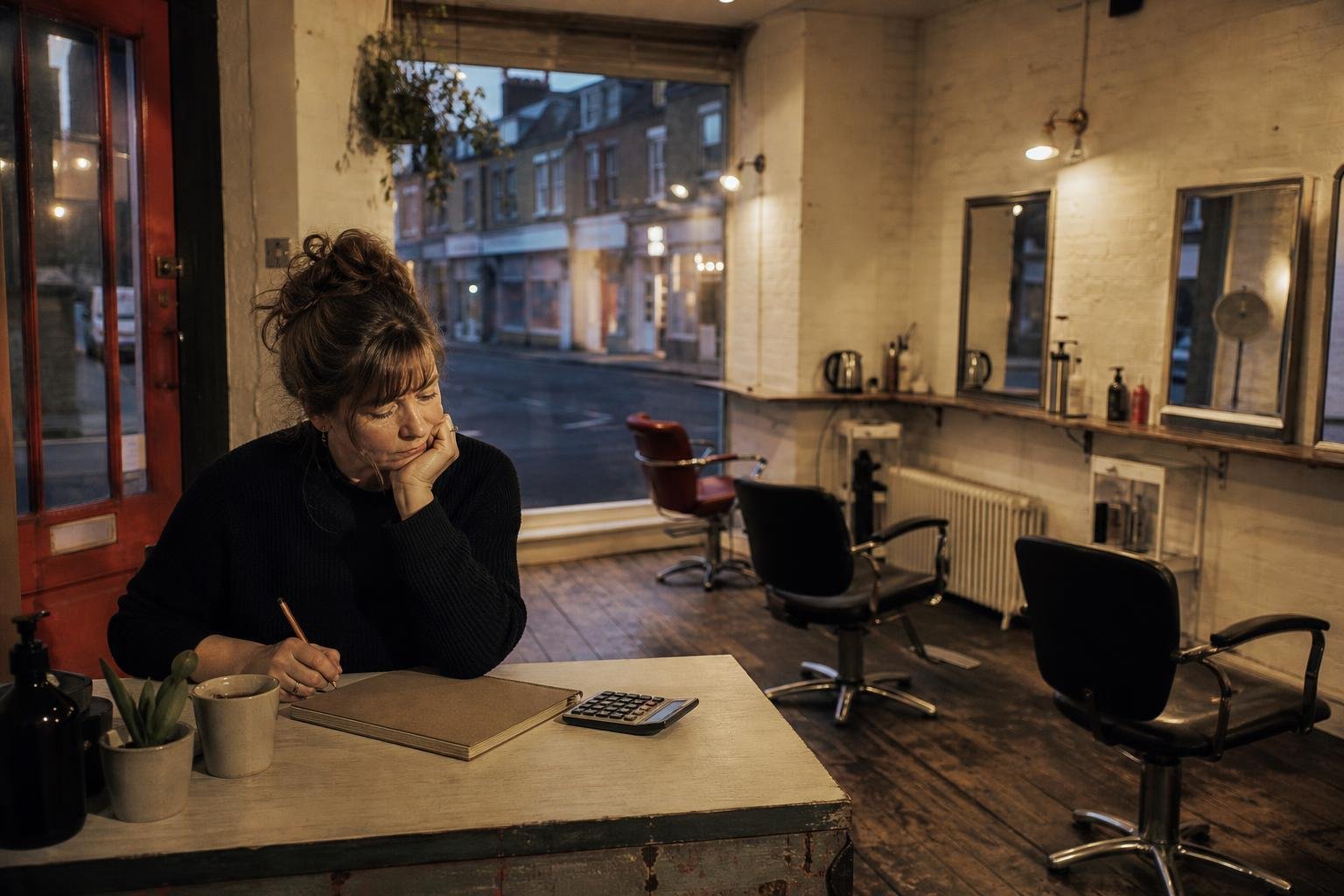 A salon owner at her desk after closing with a calculator, weighing up the VAT threshold before paying for ads