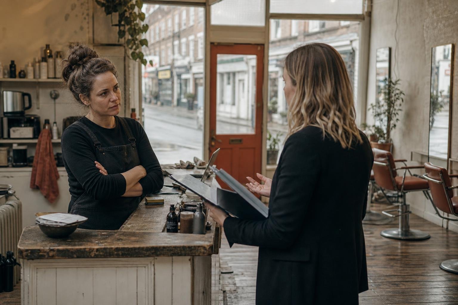 A salon owner with folded arms hearing out an agency pitch about Google Ads location targeting for her street