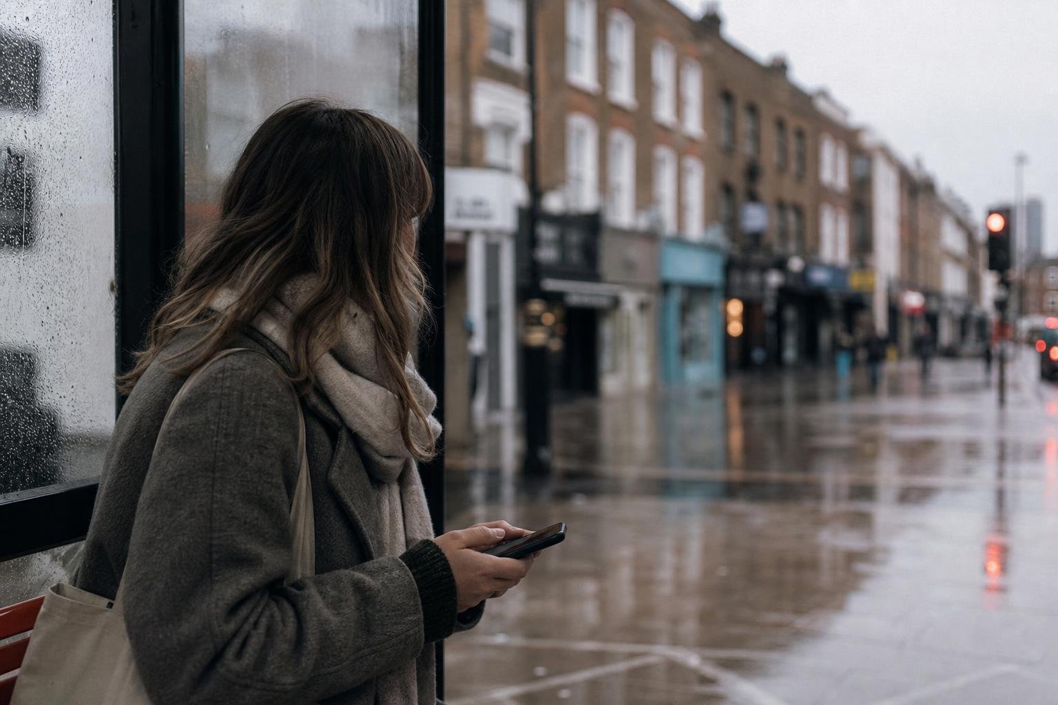 A woman on a wet high street checking her phone, the local search Google Ads location targeting has to reach
