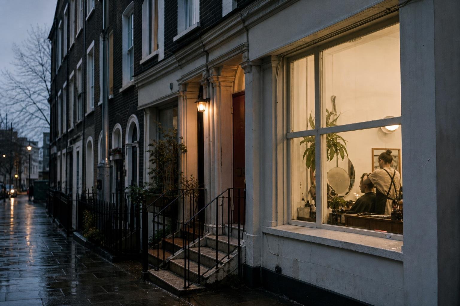 A lit salon window a few doors from a hotel doorway, the short distance Google Ads location targeting cannot split