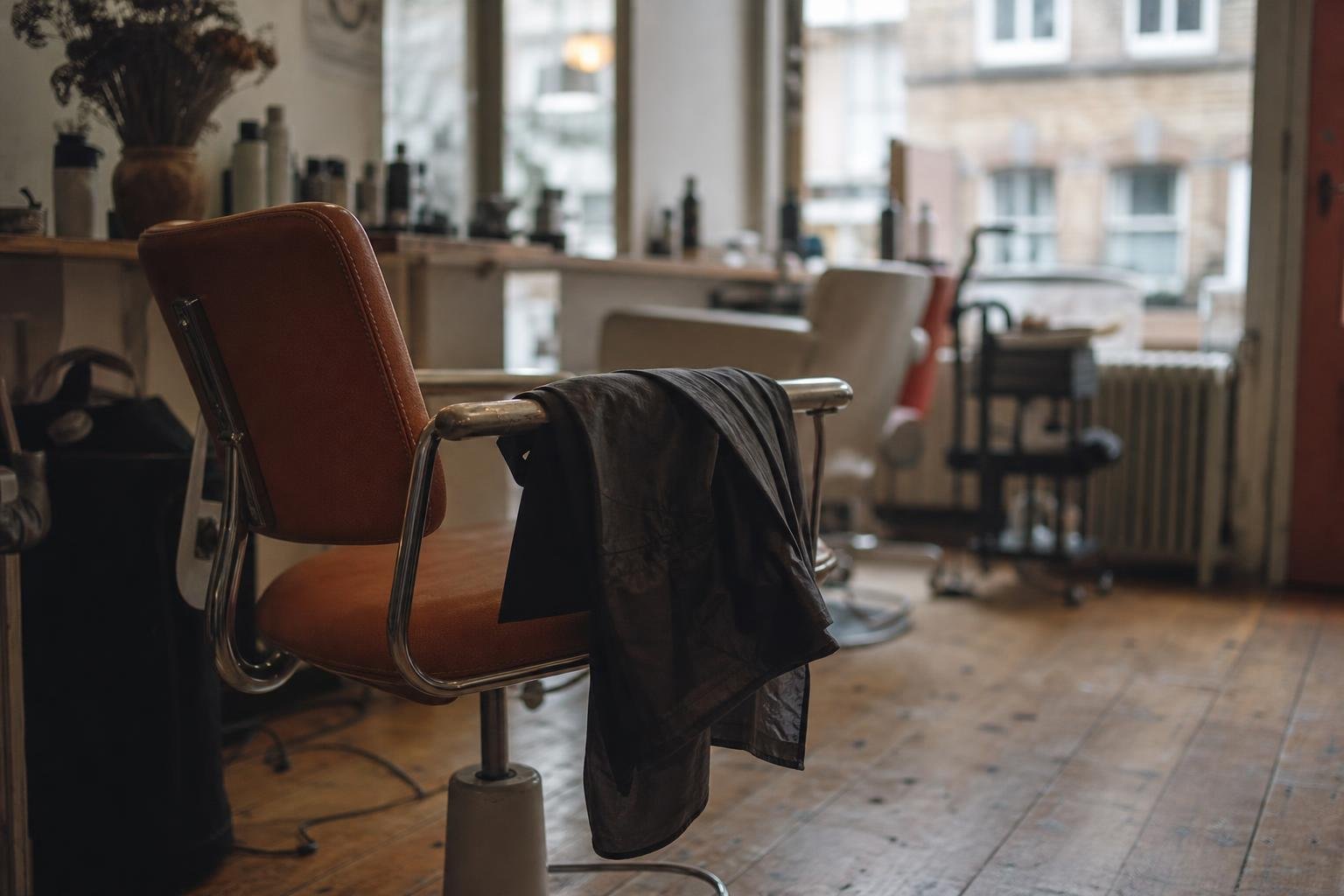 An empty styling chair with a folded gown over the arm, the second visit a new client may never book