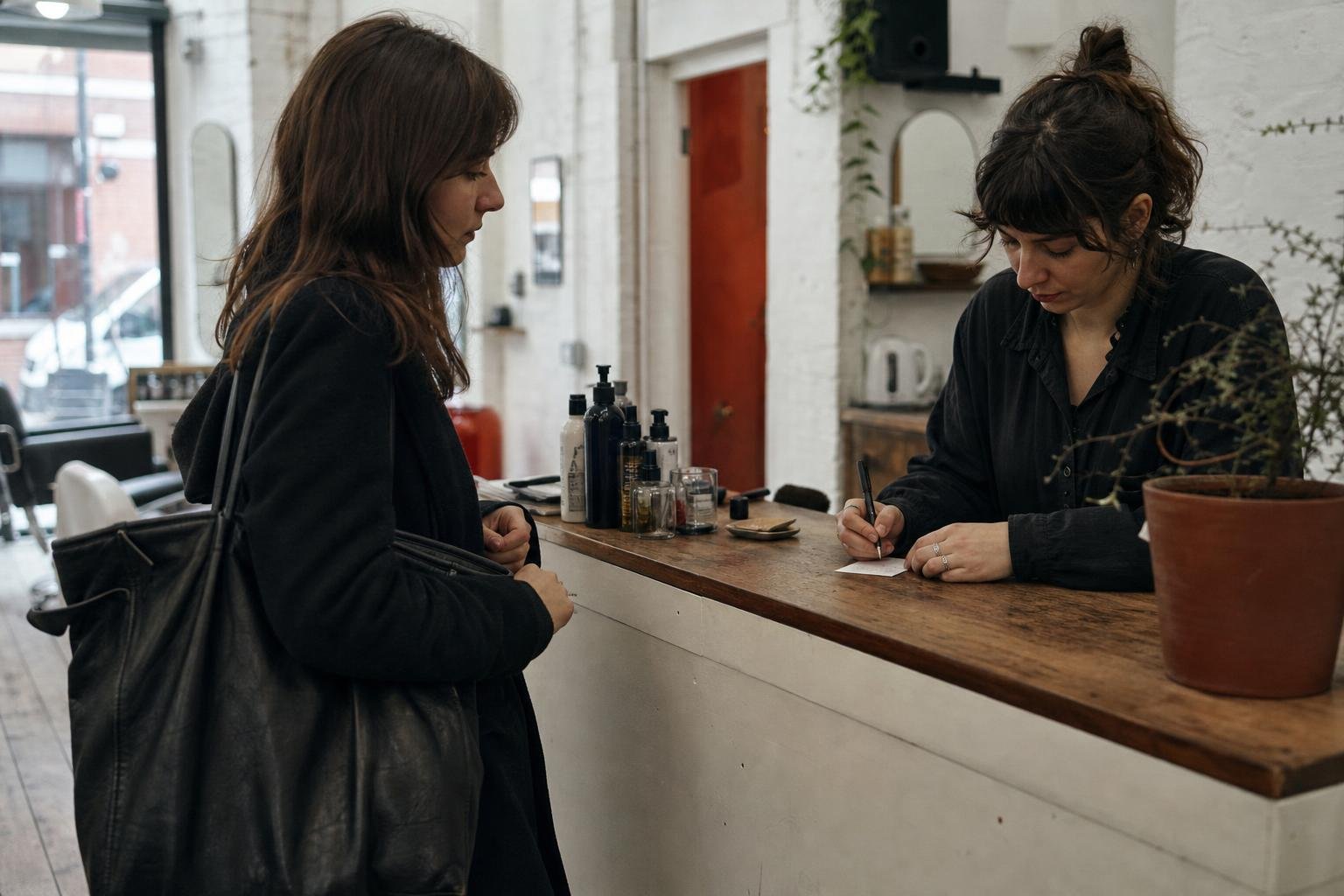 A stylist writing the next appointment on a card at the counter, the rebooking that decides what a new client is worth