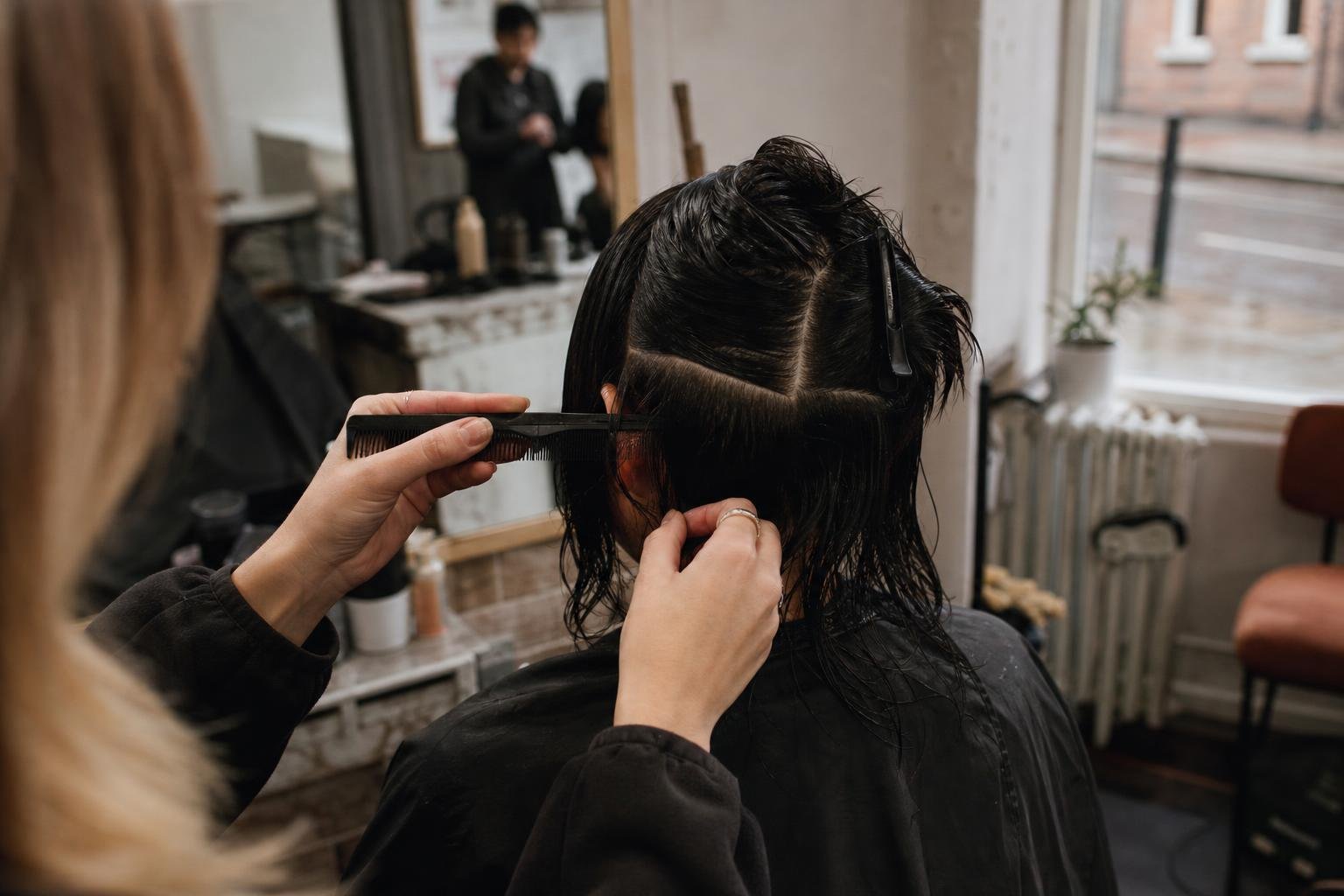 A stylist sectioning a client's damp hair with a comb and clip, the work that carries on whatever the ads are doing