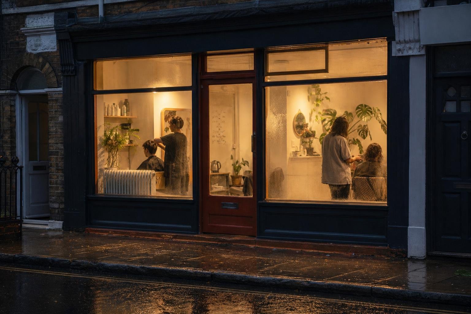 A small British salon lit from inside at dusk, seen across a wet pavement, two stylists still working