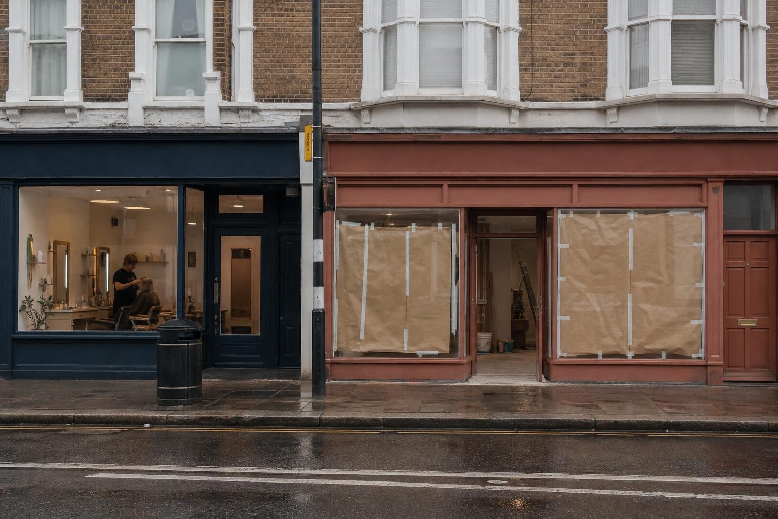 A stylist working in her salon window while a new salon is fitted out two doors along the same street