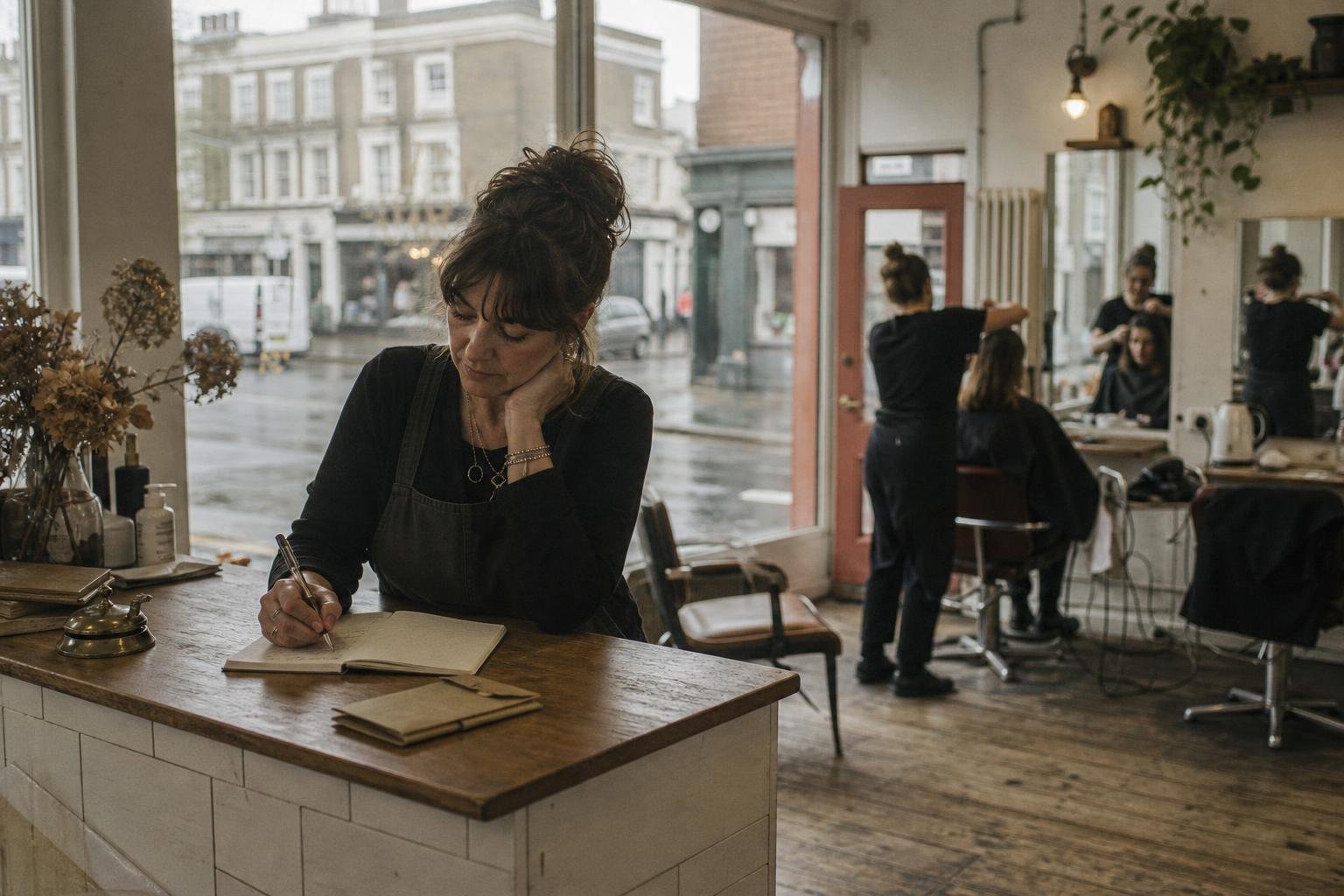 A salon owner working out her salon marketing budget in a notebook at the counter while her stylists work behind her