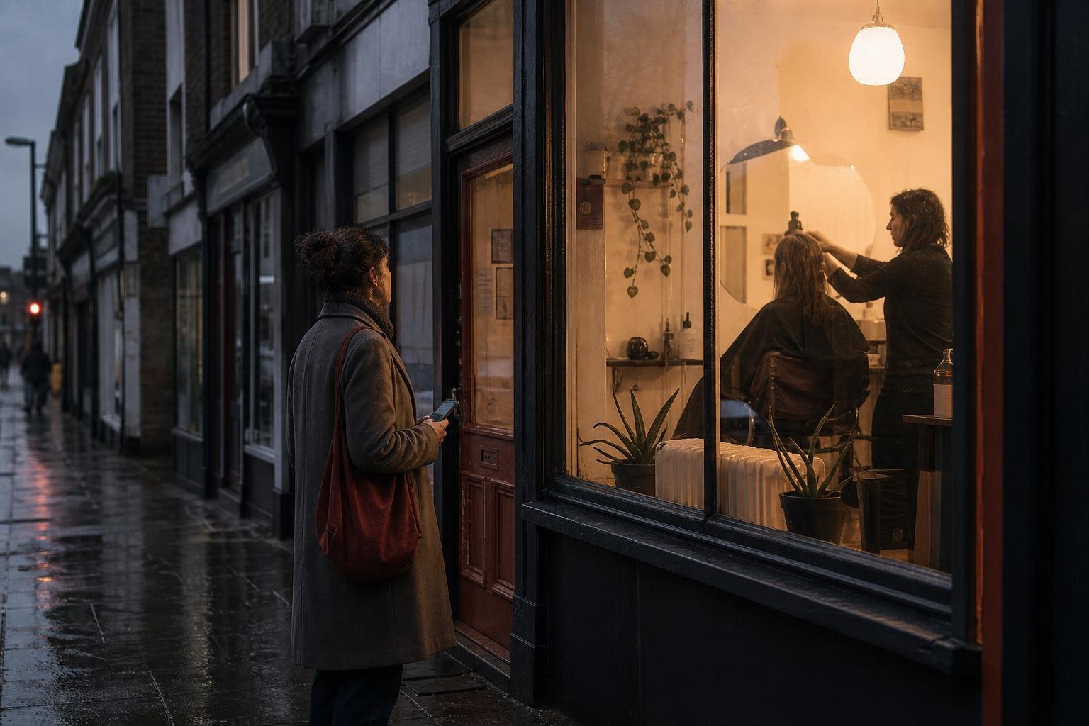 A woman on a wet high street at dusk pausing outside a lit salon window with her phone in her hand