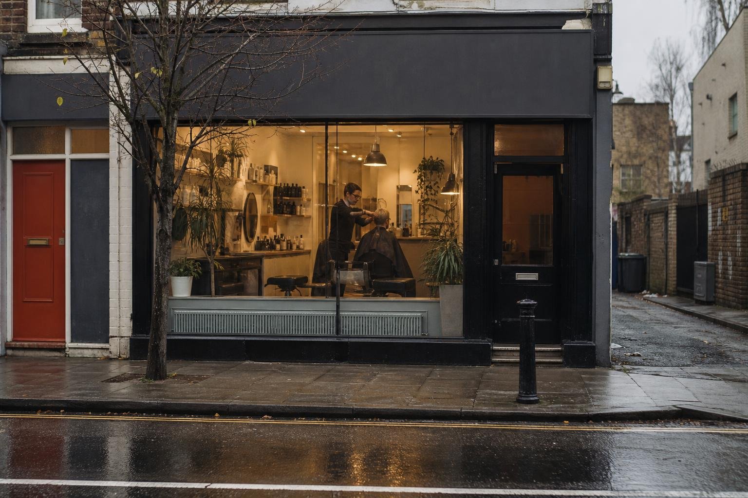 A small British salon lit up on a wet street, the real business behind a Fresha listing its owner never created