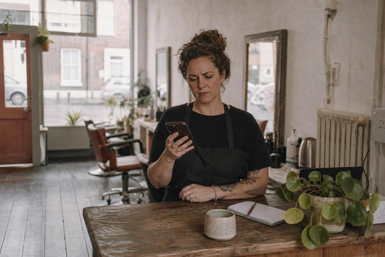 A salon owner frowning at her phone at the front desk, having found a Fresha listing for her salon she never set up