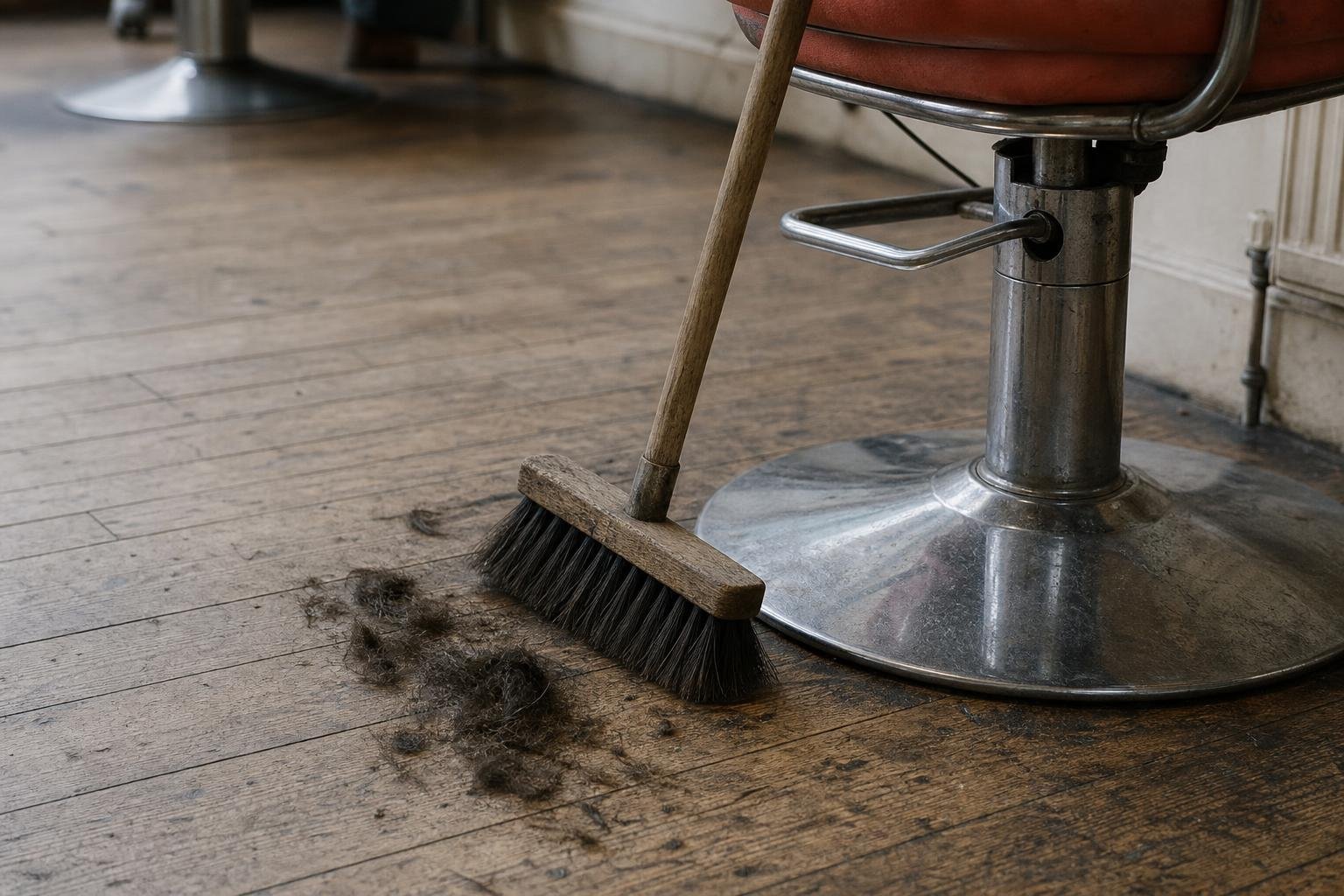 A broom and swept hair beside an empty salon chair, the quiet week behind salon ads not showing