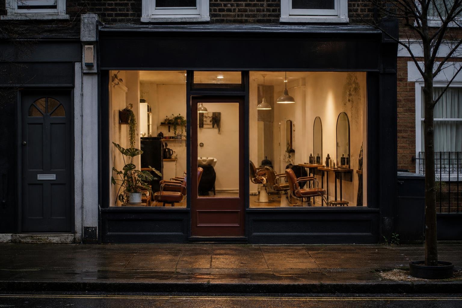 A small salon shopfront at dusk with the lights on and the chairs empty, when salon ads are not showing