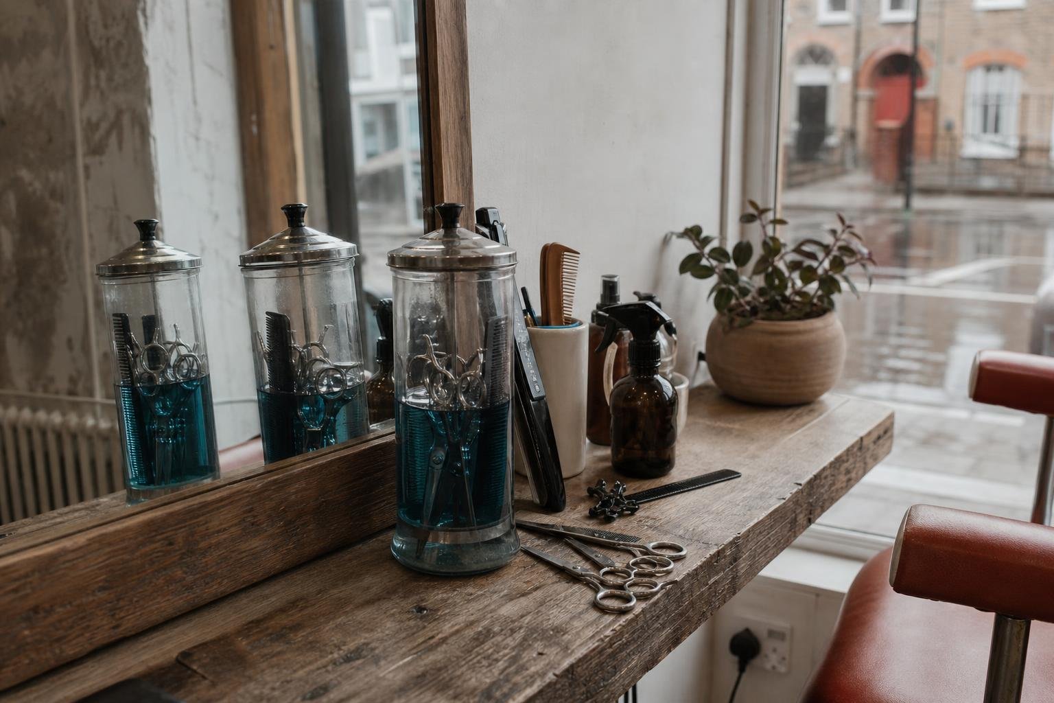 A tidy stylist's station with scissors and combs standing in barbicide, nobody there