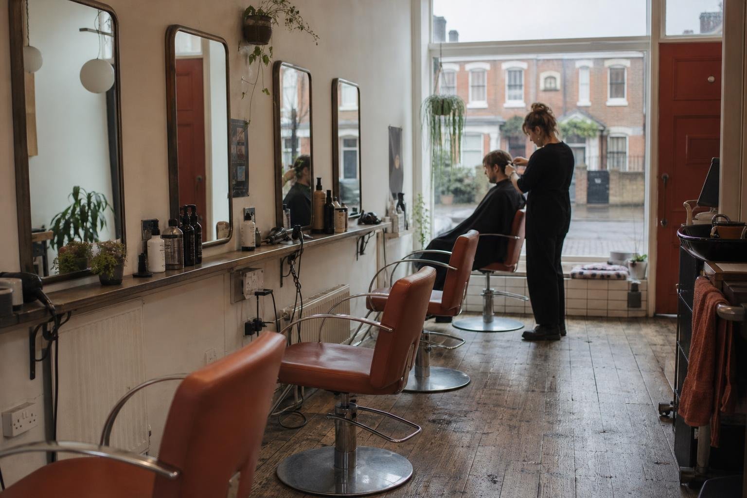 Empty styling chairs in a British salon with one stylist working at the window, the month salon bookings dropped
