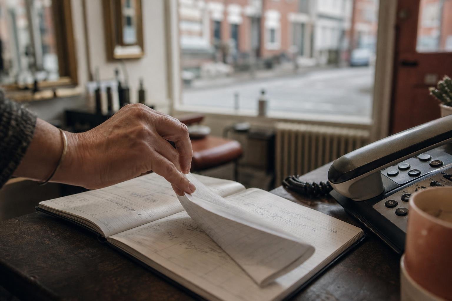 A hand turning the page of a paper appointment book at the salon desk, checking why bookings dropped this month
