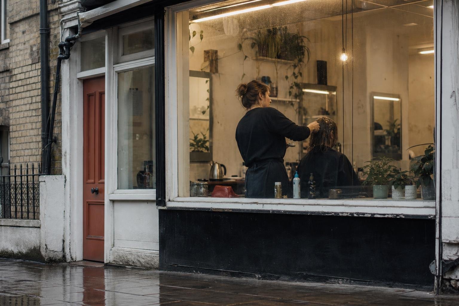 A small salon lit up behind its window on a wet British street, still open on a month when bookings dropped