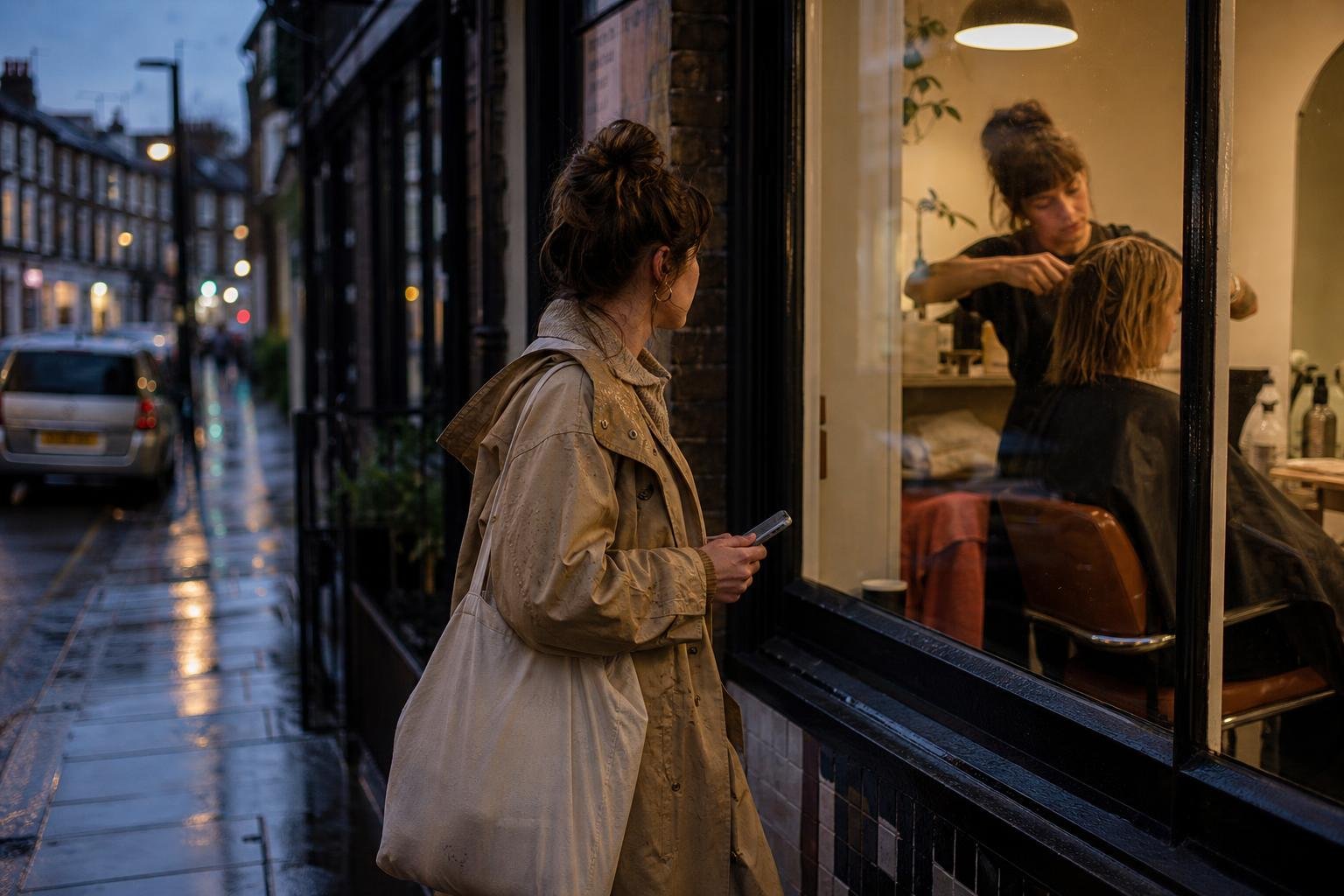 A woman with her phone outside a lit salon on a wet street, choosing where to book before she sees any booking app website